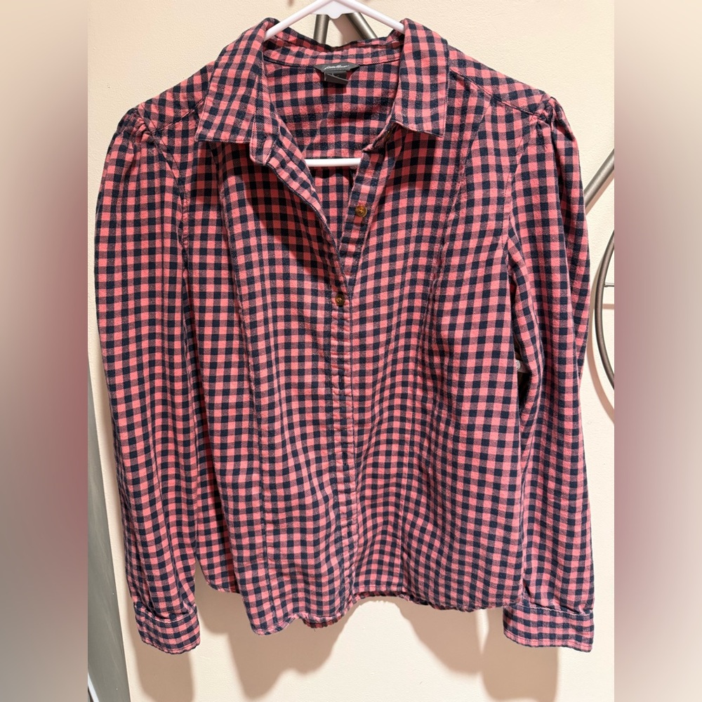 Eddie Bauer Pink and Black Plaid Button Down Cotton Shirt, Size M